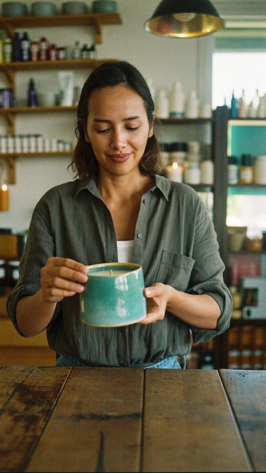 A seller holding a teal ceramic candle at the counter of a homeware shop.